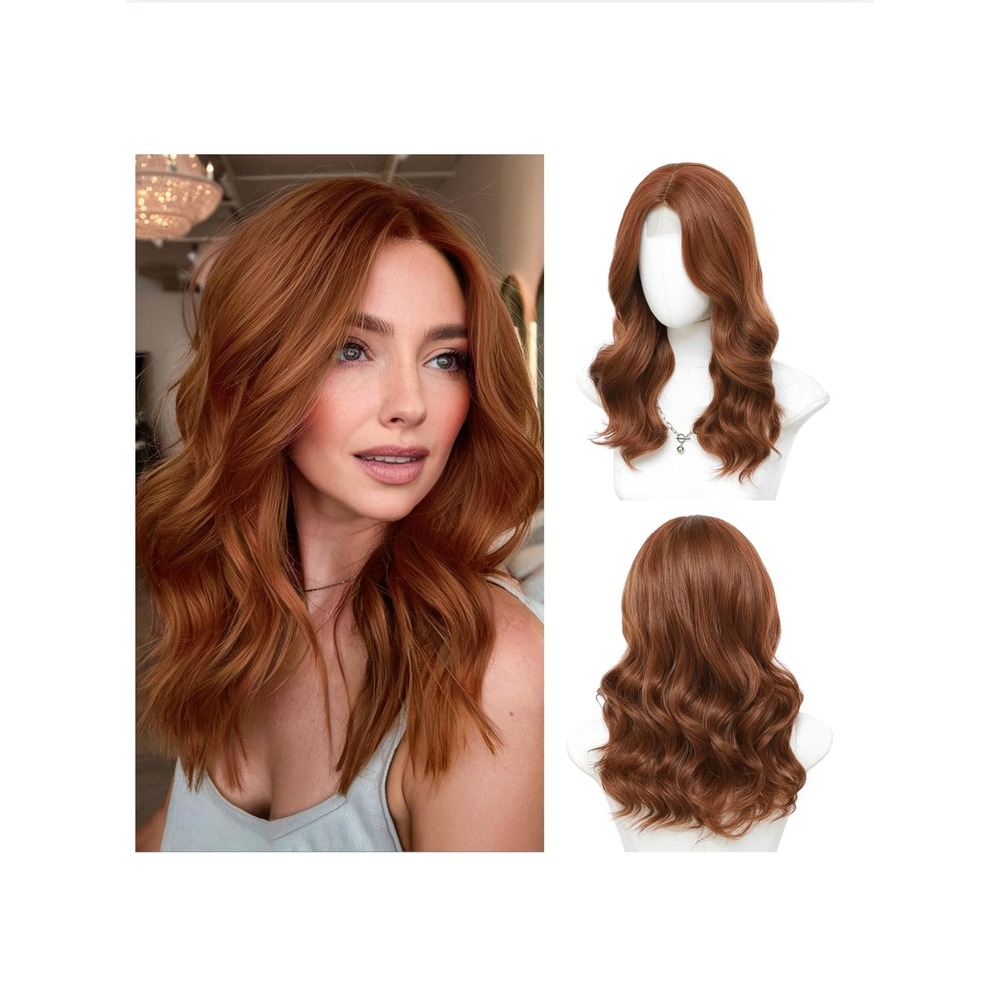 Auburn Medium Length Wavy Wig 18 In Middle Part Synthetic Hair Natural Hairline